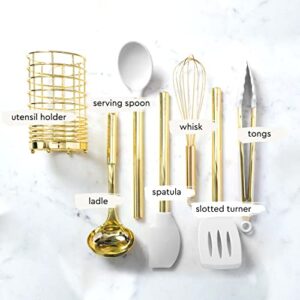 White Silicone and Gold Cooking Utensils Set with Holder- 7 PC Gold Kitchen Utensils Set Includes Gold Whisk, Gold Spatula, White Kitchen Utensils and Gold Utensil Holder- Gold Kitchen Accessories