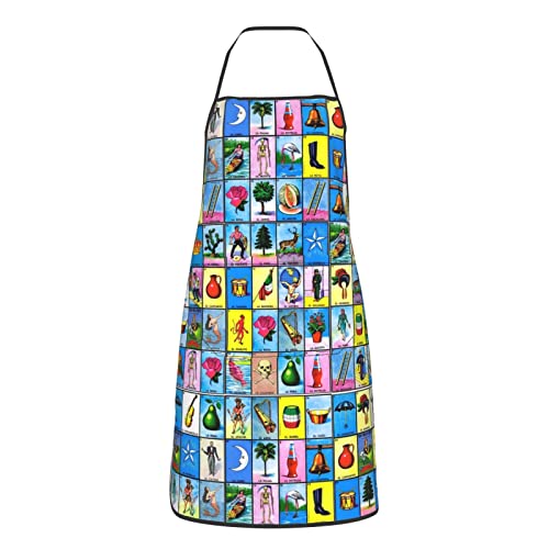 GregTins Colorful Mexican Loteria Cards Apron Bib Apron With Pocket Funny Kitchen Aprons For Women Chef Cooking Bbq Drawing