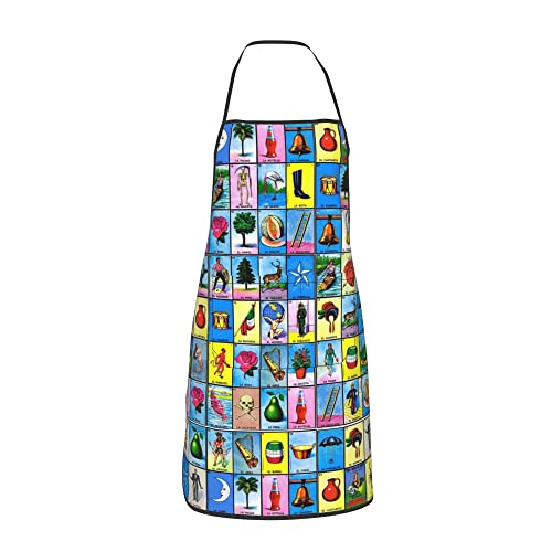 GregTins Colorful Mexican Loteria Cards Apron Bib Apron With Pocket Funny Kitchen Aprons For Women Chef Cooking Bbq Drawing