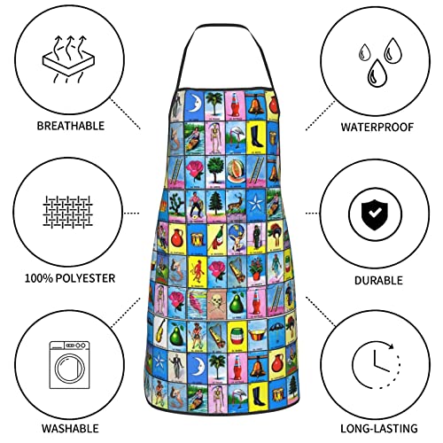GregTins Colorful Mexican Loteria Cards Apron Bib Apron With Pocket Funny Kitchen Aprons For Women Chef Cooking Bbq Drawing