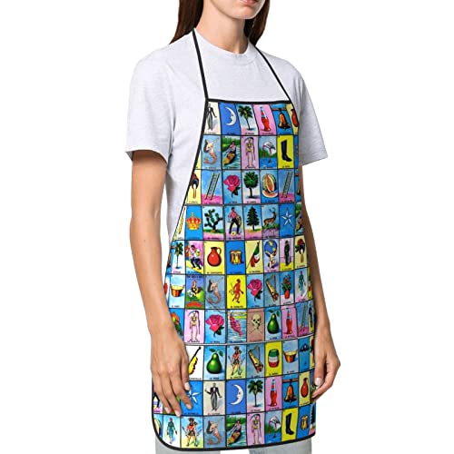 GregTins Colorful Mexican Loteria Cards Apron Bib Apron With Pocket Funny Kitchen Aprons For Women Chef Cooking Bbq Drawing