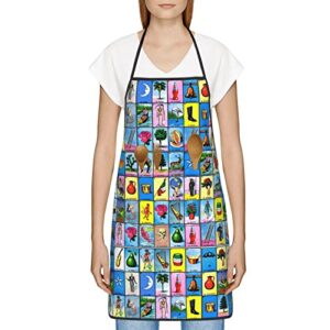 GregTins Colorful Mexican Loteria Cards Apron Bib Apron With Pocket Funny Kitchen Aprons For Women Chef Cooking Bbq Drawing