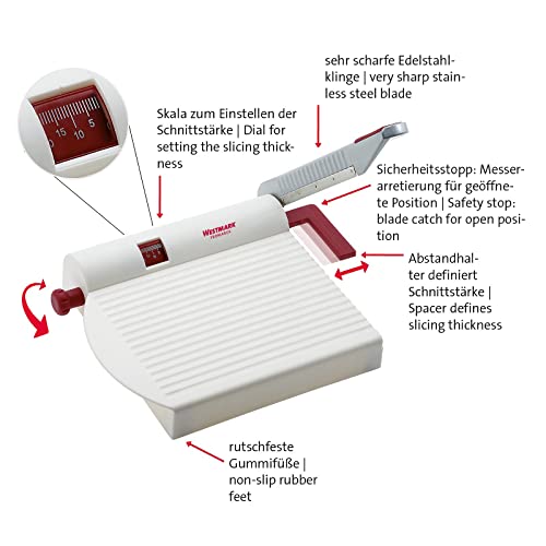 Westmark Germany Multipurpose Stainless Steel Cheese and Food Slicer with Board and Adjustable Thickness Dial (White) -