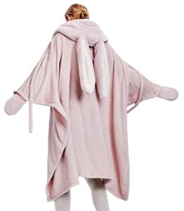 soft big bunny ears wearable blanket, blanket wrap with buttons comfy hoodie hooded cape throw for women (pink)