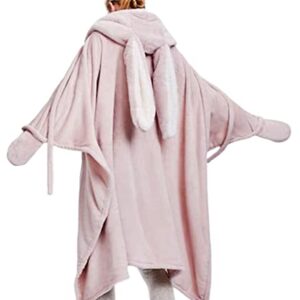 Soft Big Bunny Ears Wearable Blanket, Blanket Wrap with Buttons Comfy Hoodie Hooded Cape Throw for Women (Pink)