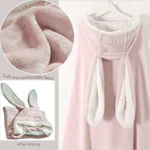 Soft Big Bunny Ears Wearable Blanket, Blanket Wrap with Buttons Comfy Hoodie Hooded Cape Throw for Women (Pink)