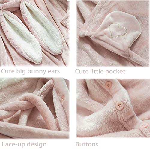 Soft Big Bunny Ears Wearable Blanket, Blanket Wrap with Buttons Comfy Hoodie Hooded Cape Throw for Women (Pink)