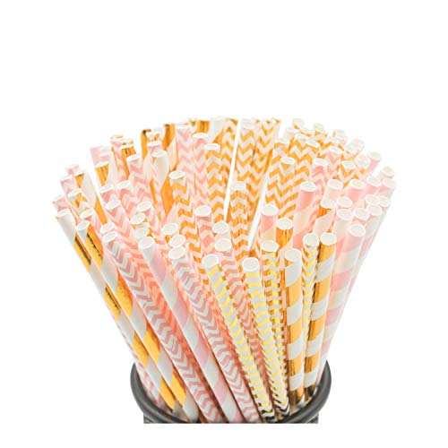 Biodegradable Paper Straws, 100 Pink Straws/Gold Straws for Party Supplies, Birthday, Wedding, Bridal/Baby Shower Decorations and Holiday Celebrations