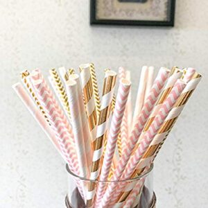 Biodegradable Paper Straws, 100 Pink Straws/Gold Straws for Party Supplies, Birthday, Wedding, Bridal/Baby Shower Decorations and Holiday Celebrations