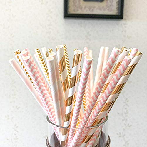 Biodegradable Paper Straws, 100 Pink Straws/Gold Straws for Party Supplies, Birthday, Wedding, Bridal/Baby Shower Decorations and Holiday Celebrations