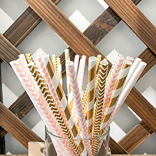 Biodegradable Paper Straws, 100 Pink Straws/Gold Straws for Party Supplies, Birthday, Wedding, Bridal/Baby Shower Decorations and Holiday Celebrations