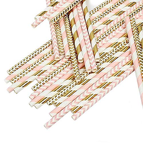 Biodegradable Paper Straws, 100 Pink Straws/Gold Straws for Party Supplies, Birthday, Wedding, Bridal/Baby Shower Decorations and Holiday Celebrations