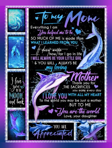 Personalized to My Mom Fleece Blanket from Daughter Art Print Dolphin Ideas for Mother Customized Blanket Soft Warm Lightweight for Sofa Bedroom Gifts Birthday Thanksgiving Mothers Day, Full