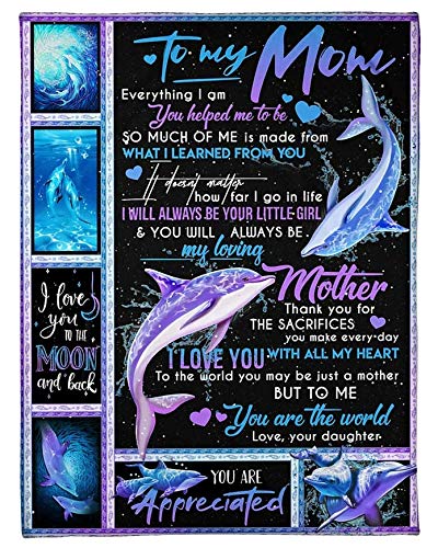 Personalized to My Mom Fleece Blanket from Daughter Art Print Dolphin Ideas for Mother Customized Blanket Soft Warm Lightweight for Sofa Bedroom Gifts Birthday Thanksgiving Mothers Day, Full