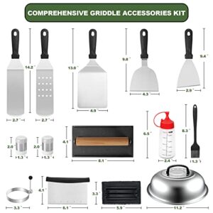 18PCS Griddle Accessories Kit, Flat Top Grill Accessories Set for Blackstone and Camp Chef, Grill Spatula Set with Enlarged Spatulas, Basting Cover, Scraper for Outdoor BBQ