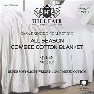 HILLFAIR 100% Soft Premium Combed Cotton Thermal Blanket– Queen Blankets– Soft Cozy Warm Cotton Blanket– Bed Throw Blanket– Queen Bed Blankets– All Season Cotton Blanket– White Queen Cotton Blankets