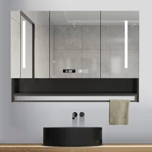 zjiex medicine cabinet, led bathroom mirror cabinet, anti-fog 32x28in wall mirror with mirror doors & towel bar, multipurpose storage organizer (color : black, size : 40x28in/100x70cm)
