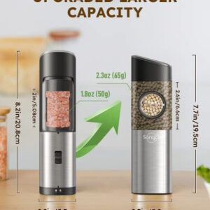 [Upgraded Larger Capacity] Sangcon Gravity Electric Salt and Pepper Grinder Set - USB Rechargeable With Dual Charging Base - Automatic One Hand Operation - Adjustable Coarseness & LED Light Refillable