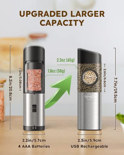 [Upgraded Larger Capacity] Sangcon Gravity Electric Salt and Pepper Grinder Set - USB Rechargeable With Dual Charging Base - Automatic One Hand Operation - Adjustable Coarseness & LED Light Refillable