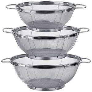 3 pack 18/8 stainless steel colander sieves(5-quart, 4-quart and 3-quart), mesh strainer net baskets with handles & resting base for strain, drain, rinse or steam
