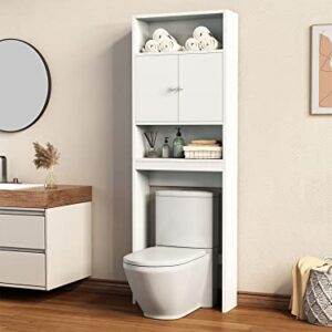 Fulocseny Over The Toilet Storage Cabinet,Over Toilet Bathroom Organizer with Sliding Door,Double Door Bathroom Organizer Toilet Cabinet,Freestanding Above Toilet Rack with Open Shelves (White)