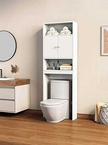 Fulocseny Over The Toilet Storage Cabinet,Over Toilet Bathroom Organizer with Sliding Door,Double Door Bathroom Organizer Toilet Cabinet,Freestanding Above Toilet Rack with Open Shelves (White)