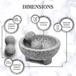 Granite Mortar and Pestle Set Guacamole Bowl Molcajete 8 Inch - Natural Stone Grinder for Spices, Seasonings, Pastes, Pestos and Guacamole - Extra Bonus Avocado Tool Included