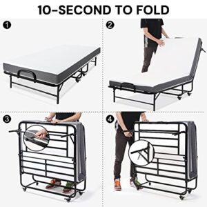 SunsGrove Folding Bed with Mattress Twin Size, 75" x 38", Rollaway Bed Storage Cover Included. Roll Away Bed with 5" Memory Foam Mattress, Portable Foldable Fold up Guest Bed for Adults (Twin)