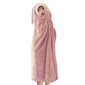 cute bunny ear wearable hooded blanket with hand gloves for women girls 59inch length warm cozy plush flannel hoodie poncho throw cloak wrap cape fluffy couch sofa bed fleece blanket christmas gifts