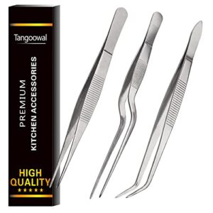 tangoowal kitchen cooking tweezers culinary,3 piece set stainless steel tweezer precision tongs offset tip for cooking food design styling(6.3-inch)