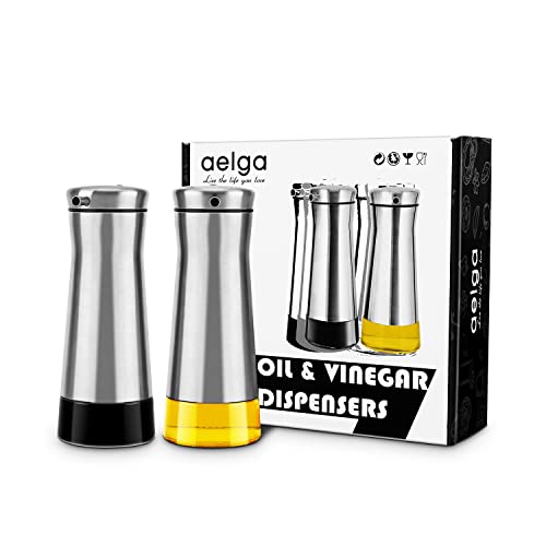 Aelga Olive Oil And Vinegar Dispenser Bottle Set 2 Pack Elegant Stainless Steel Oil Dispenser Set- Oil Dispenser Bottle for Kitchen with Drip Free