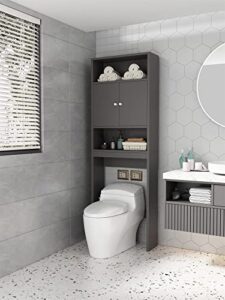 over the toilet storage, 3 tier over toilet bathroom organizer with 2 open shelves and 1 cabinet, above toilet storage cabinet with 2 doors, bathroom space saver for restroom (gray, 24.8"x7.8"x76.8")