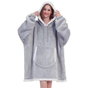 viviland hoodie sherpa blanket sweatshirt soft warm plus large front pocket tv blankets for adult, grey