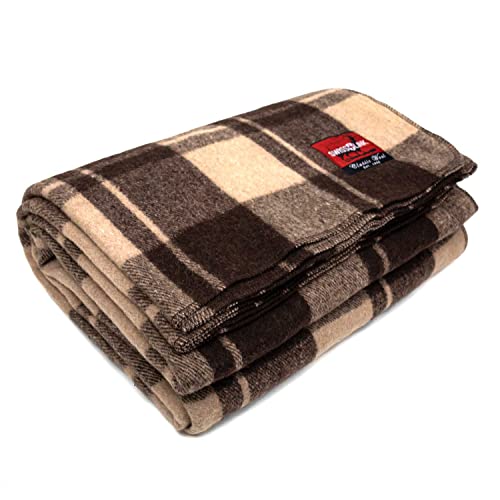 swiss link Military Surplus 90 x 62 Inch Insulating Indoor Outdoor Stain, Flame, and Water Resisting Classic Wool Plaid Washable Throw Blanket, Brown