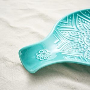 MIKIGEY Ceramic Spoon Rest, 7.48 Inches Spoon Holder for Kitchen Counter, Kitchen Accessories, Dishwasher Safe, Turquoise