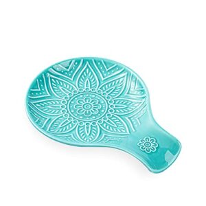 mikigey ceramic spoon rest, 7.48 inches spoon holder for kitchen counter, kitchen accessories, dishwasher safe, turquoise