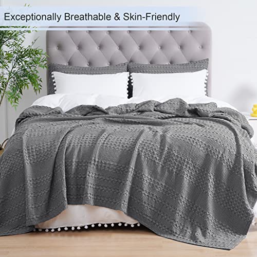 PHF 100% Cotton Waffle Weave Blanket Queen Size - Washed Soft Lightweight Blanket for All Season - Breathable and Skin-Friendly Blanket for Couch Bed Sofa 90"x90" - Charcoal/Dark Grey