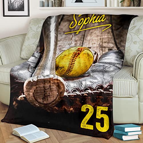 OhaPrints Custom Softball Old School Ball Gift for Fan Lovers Personalized Name Number Soft Sherpa Throw Blankets Cozy Fuzzy Fleece Throws for Tv Sofa Couch Comfy Fluffy Blanket 30X40 50X60 60X80