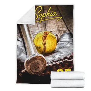 OhaPrints Custom Softball Old School Ball Gift for Fan Lovers Personalized Name Number Soft Sherpa Throw Blankets Cozy Fuzzy Fleece Throws for Tv Sofa Couch Comfy Fluffy Blanket 30X40 50X60 60X80