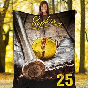 OhaPrints Custom Softball Old School Ball Gift for Fan Lovers Personalized Name Number Soft Sherpa Throw Blankets Cozy Fuzzy Fleece Throws for Tv Sofa Couch Comfy Fluffy Blanket 30X40 50X60 60X80