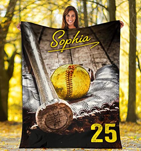 OhaPrints Custom Softball Old School Ball Gift for Fan Lovers Personalized Name Number Soft Sherpa Throw Blankets Cozy Fuzzy Fleece Throws for Tv Sofa Couch Comfy Fluffy Blanket 30X40 50X60 60X80