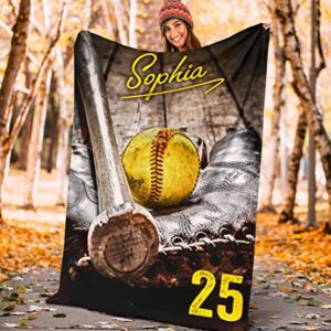 OhaPrints Custom Softball Old School Ball Gift for Fan Lovers Personalized Name Number Soft Sherpa Throw Blankets Cozy Fuzzy Fleece Throws for Tv Sofa Couch Comfy Fluffy Blanket 30X40 50X60 60X80