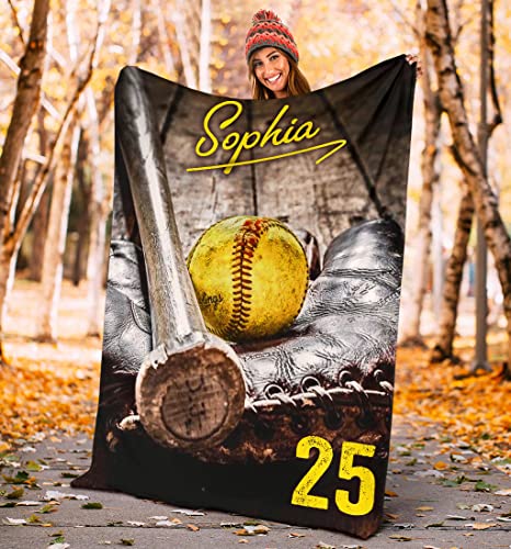 OhaPrints Custom Softball Old School Ball Gift for Fan Lovers Personalized Name Number Soft Sherpa Throw Blankets Cozy Fuzzy Fleece Throws for Tv Sofa Couch Comfy Fluffy Blanket 30X40 50X60 60X80