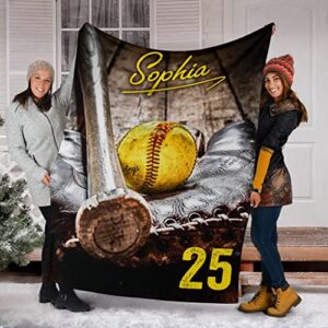 OhaPrints Custom Softball Old School Ball Gift for Fan Lovers Personalized Name Number Soft Sherpa Throw Blankets Cozy Fuzzy Fleece Throws for Tv Sofa Couch Comfy Fluffy Blanket 30X40 50X60 60X80