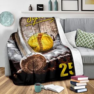 OhaPrints Custom Softball Old School Ball Gift for Fan Lovers Personalized Name Number Soft Sherpa Throw Blankets Cozy Fuzzy Fleece Throws for Tv Sofa Couch Comfy Fluffy Blanket 30X40 50X60 60X80