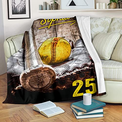 OhaPrints Custom Softball Old School Ball Gift for Fan Lovers Personalized Name Number Soft Sherpa Throw Blankets Cozy Fuzzy Fleece Throws for Tv Sofa Couch Comfy Fluffy Blanket 30X40 50X60 60X80