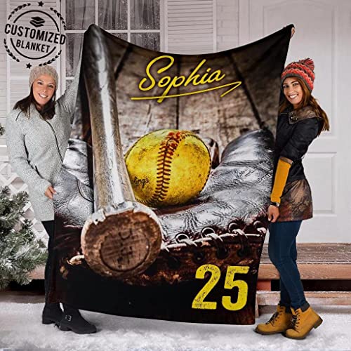 OhaPrints Custom Softball Old School Ball Gift for Fan Lovers Personalized Name Number Soft Sherpa Throw Blankets Cozy Fuzzy Fleece Throws for Tv Sofa Couch Comfy Fluffy Blanket 30X40 50X60 60X80