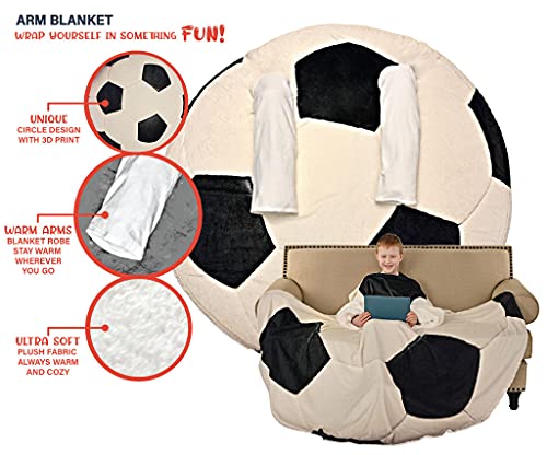 Soccer Ball Wearable Sleeved Round Arm Blanket 68" Diameter, Snuggle Up with Warm & Cozy Microfiber Flannel Novelty Robe Blanket, Indoor & Outdoor Use