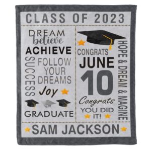 class of 2023 personalized graduation blanket, custom name & est, congratulations gift gesture for the one who is achieving success & getting graduated, soft blanket proudly printed in usa