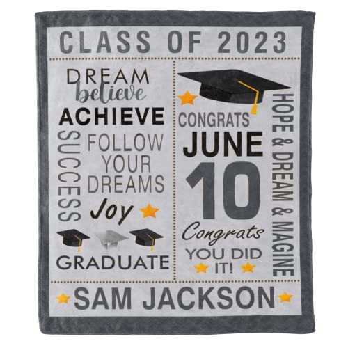 Class of 2023 Personalized Graduation Blanket, Custom Name & EST, Congratulations Gift Gesture for The One Who is Achieving Success & Getting Graduated, Soft Blanket Proudly Printed in USA